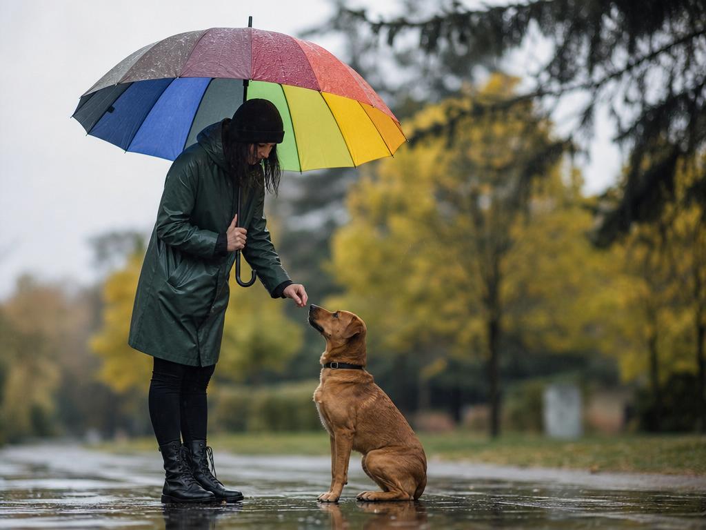 Jak naučit psa aby se nebál velkých barevných deštníků v dešti