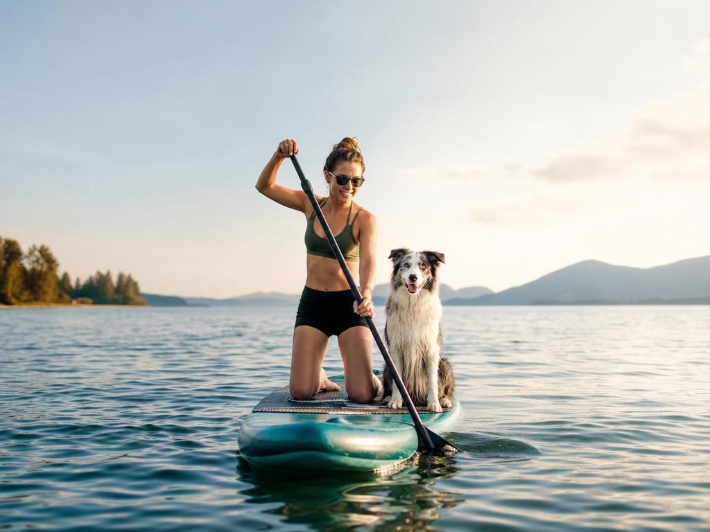 Paddleboarding se psem na hladině