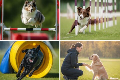 Pes překonává překážky na cvičišti agility