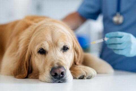 Pes čeká u veterináře na očkování